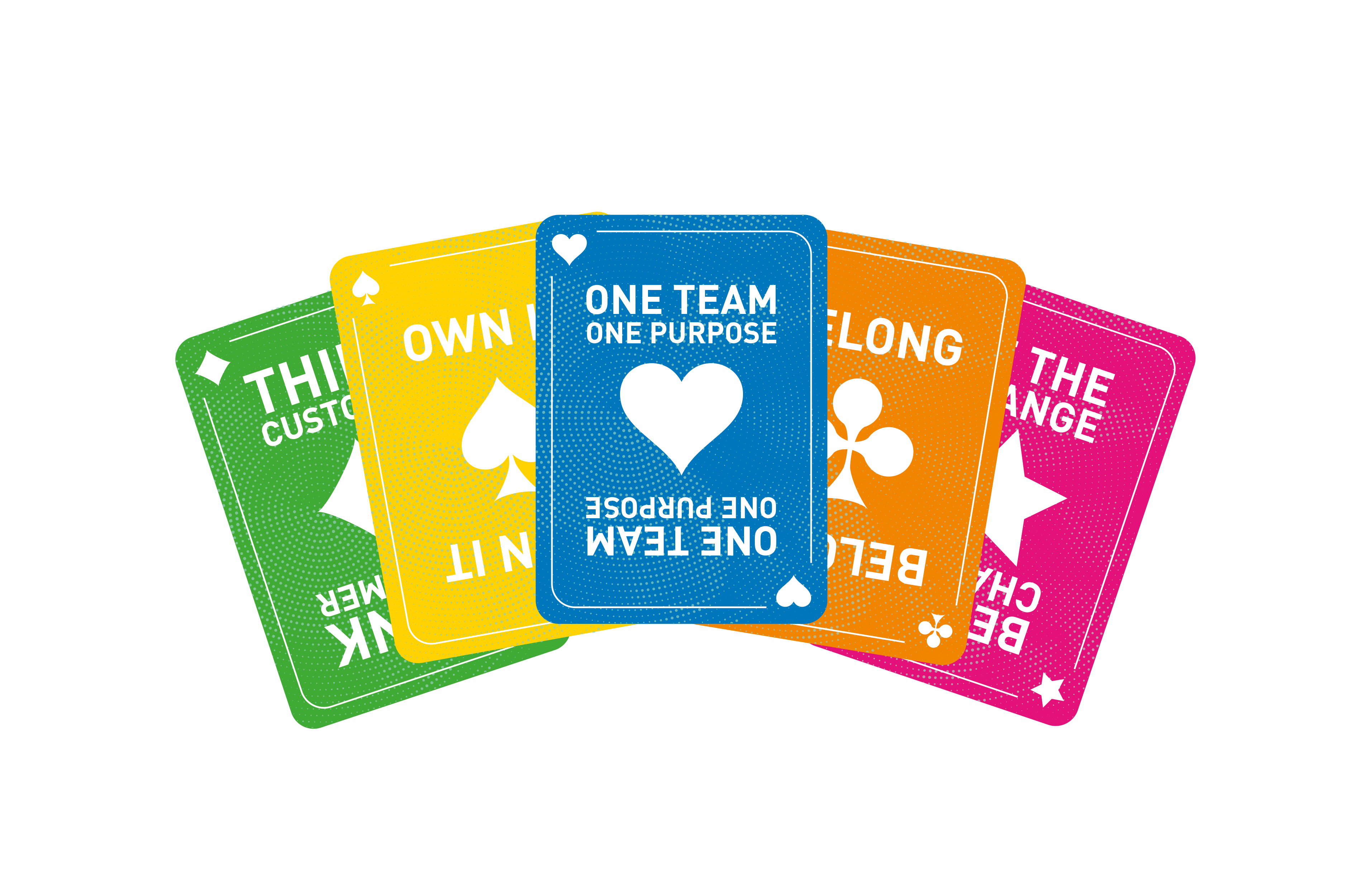our values presented as playing cards, fanned out