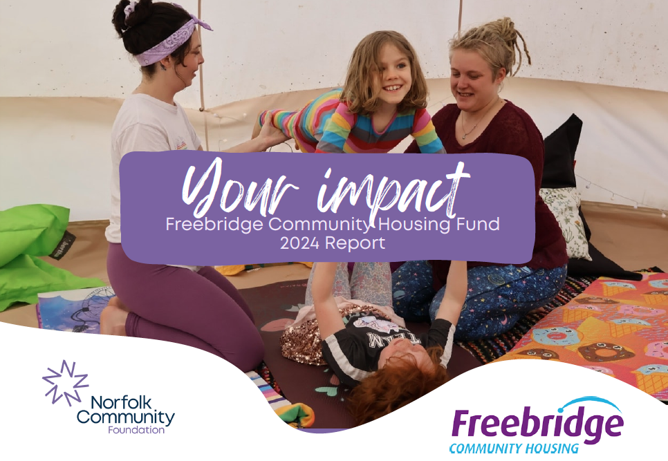 Two adults helping two children have fun, with the words 'your impact - freebridge community housing fund 2024 report'